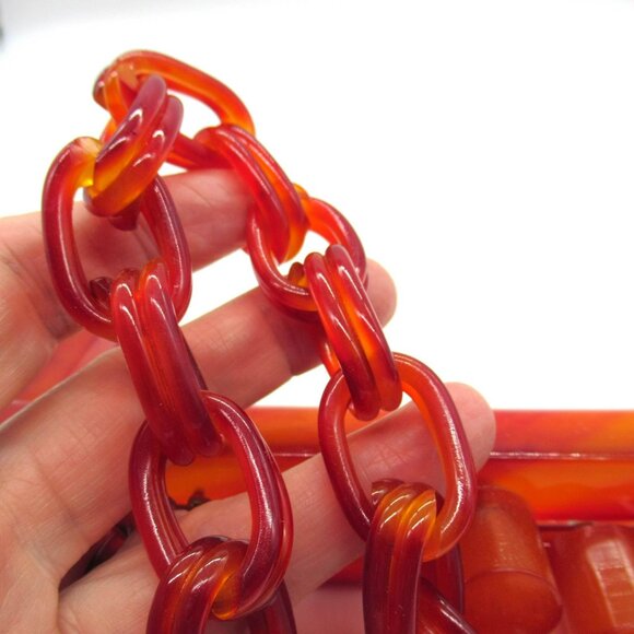 Vintage Chunky Lucite Purse Frame Linked Chain Handle Vermilion - Picture 11 of 16